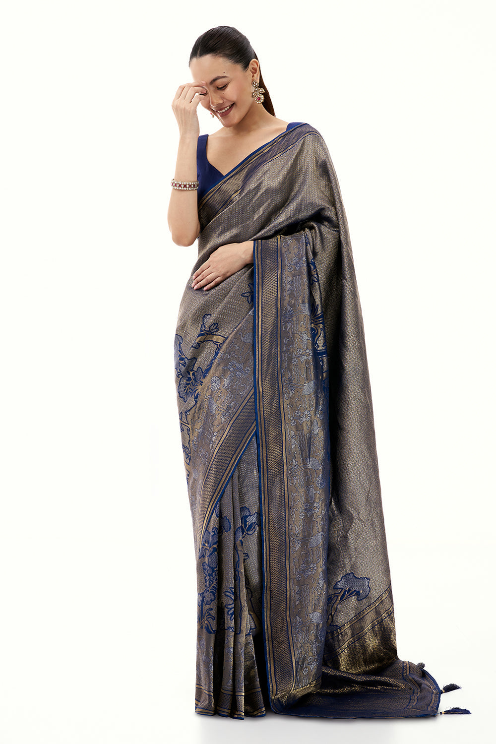 Royal Blue Jacquard Silk Woven Saree with Nature Inspired Motifs