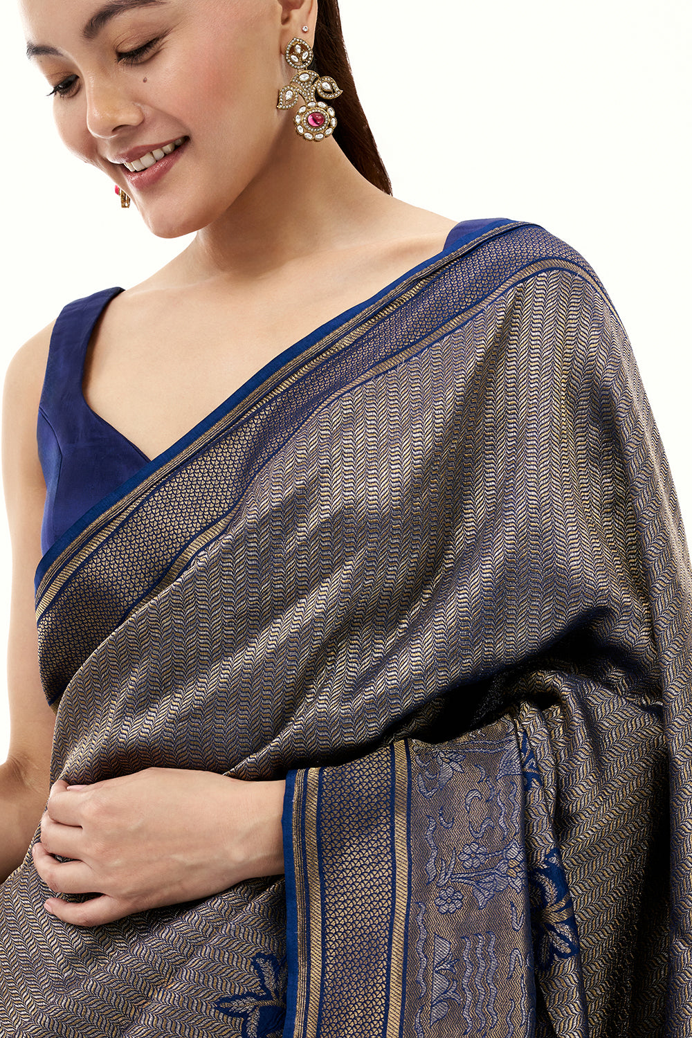 Royal Blue Jacquard Silk Woven Saree with Nature Inspired Motifs