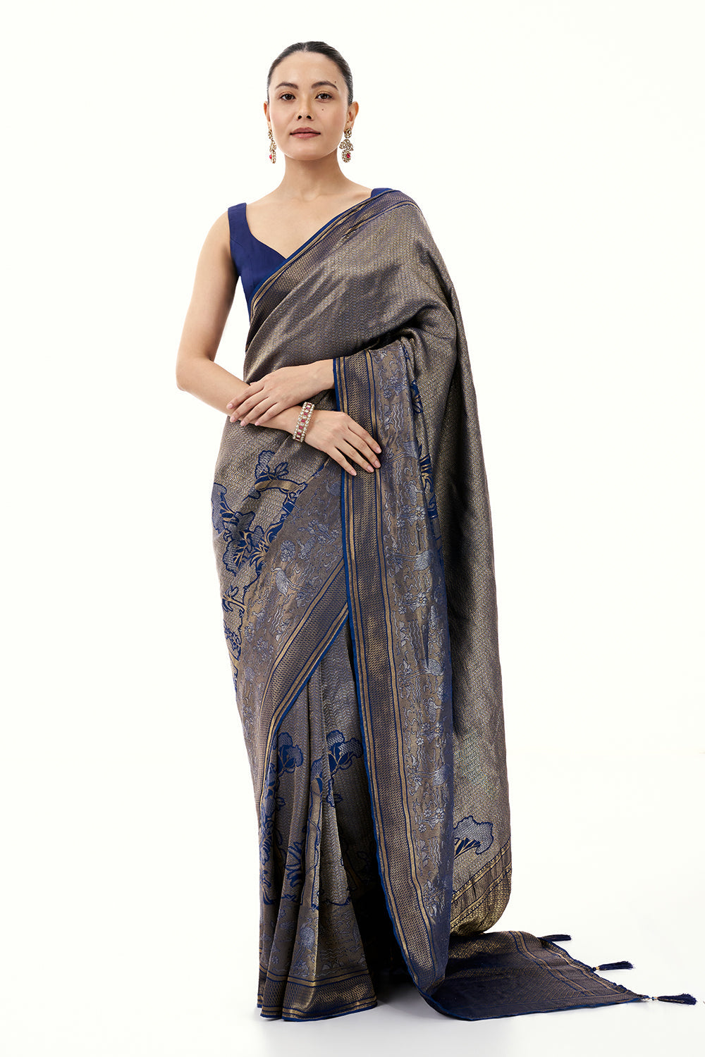 Royal Blue Jacquard Silk Woven Saree with Nature Inspired Motifs