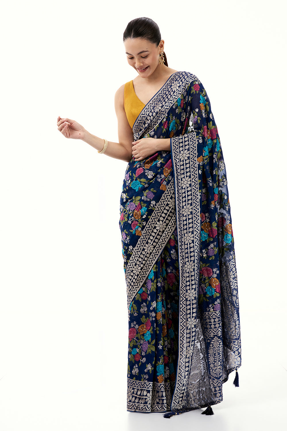 Royal Blue Khadi Georgette Woven Saree with Floral Designs