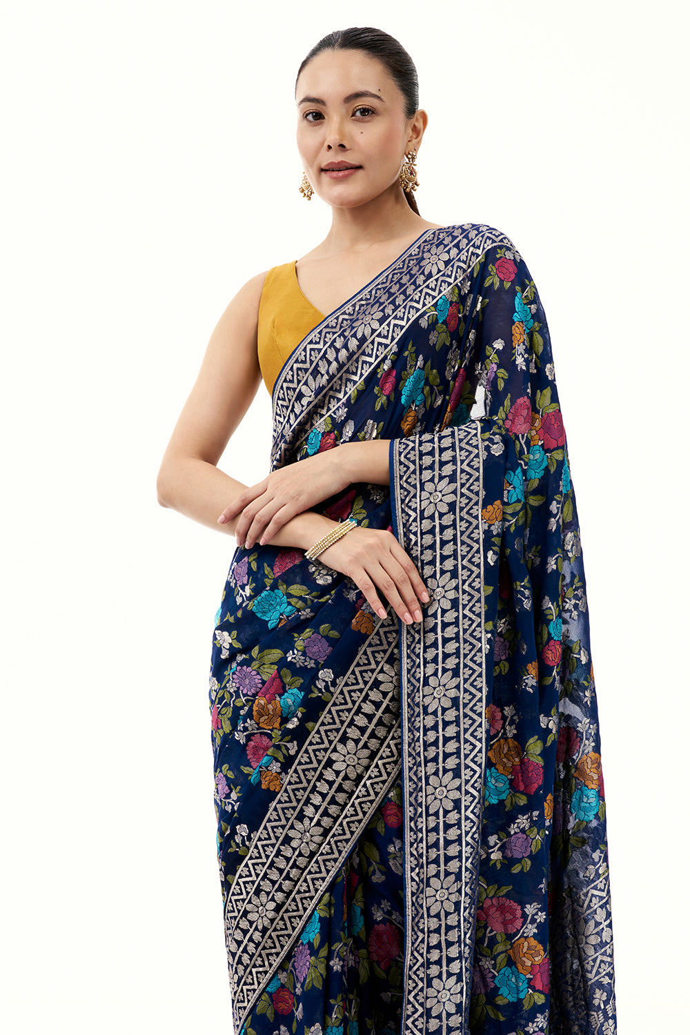 Royal Blue Khadi Georgette Woven Saree with Floral Designs