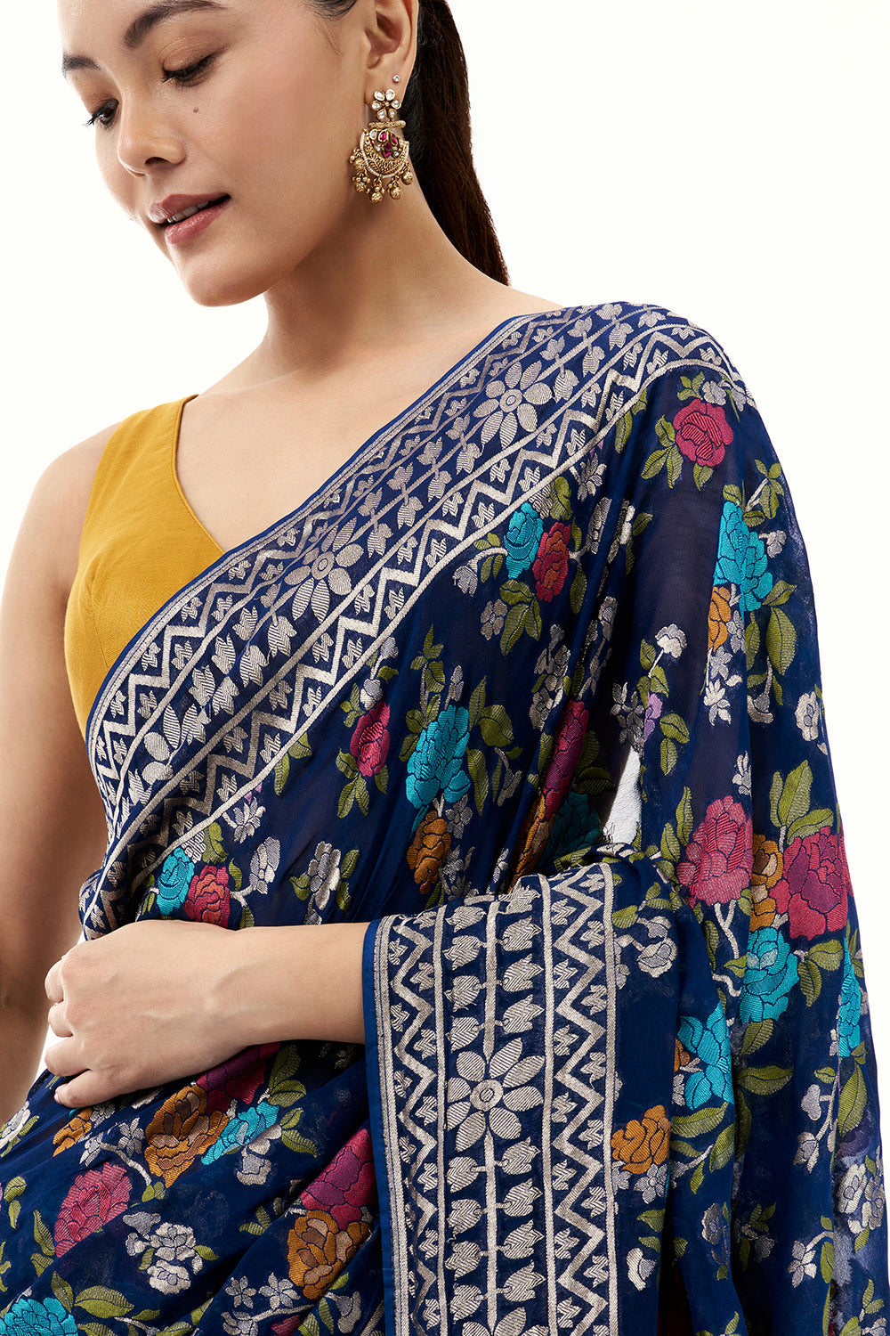 Royal Blue Khadi Georgette Woven Saree with Floral Designs