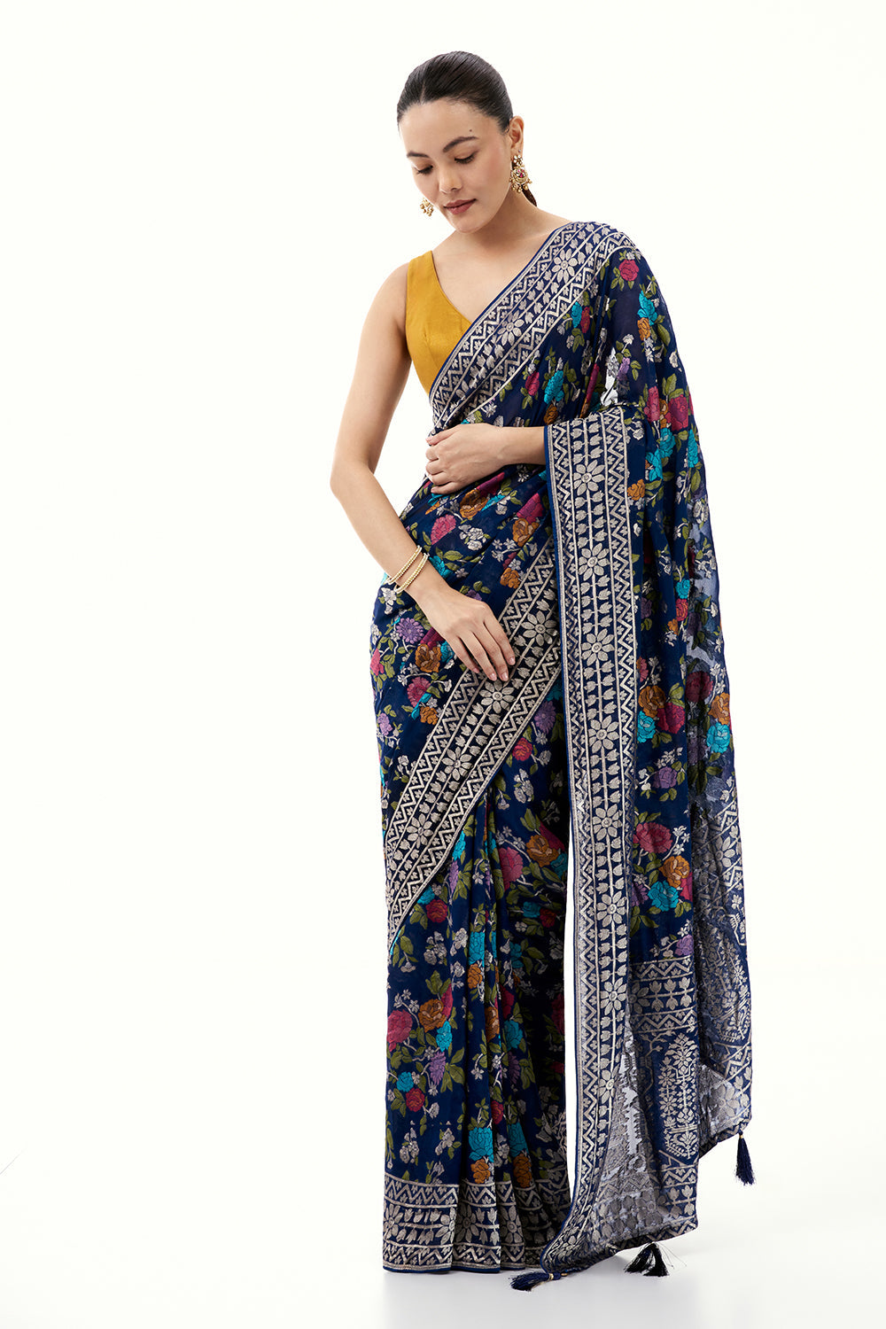Royal Blue Khadi Georgette Woven Saree with Floral Designs