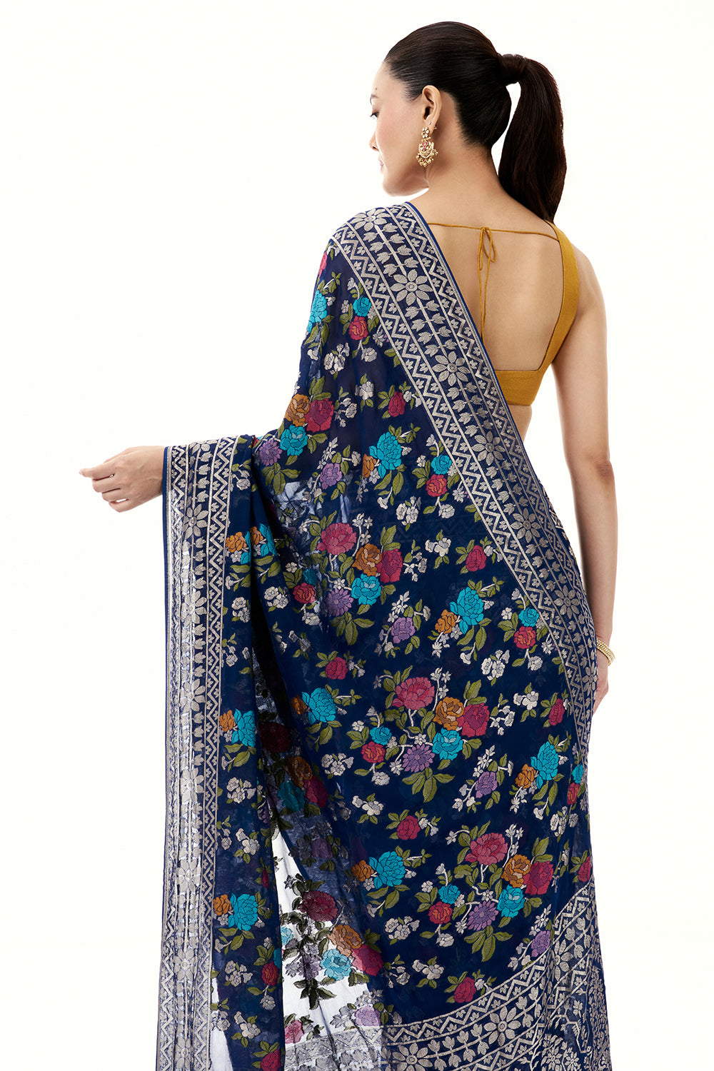 Royal Blue Khadi Georgette Woven Saree with Floral Designs