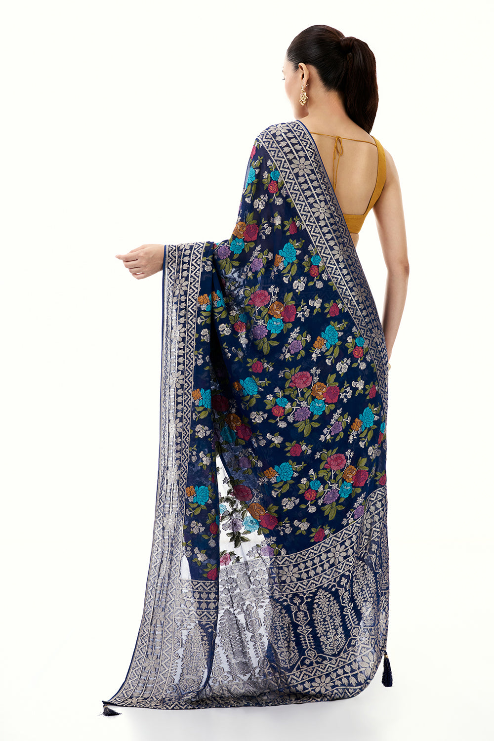 Royal Blue Khadi Georgette Woven Saree with Floral Designs