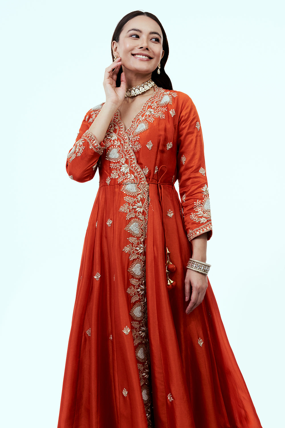 Rust Art Silk Angrakha Suit Set with Zardosi Work