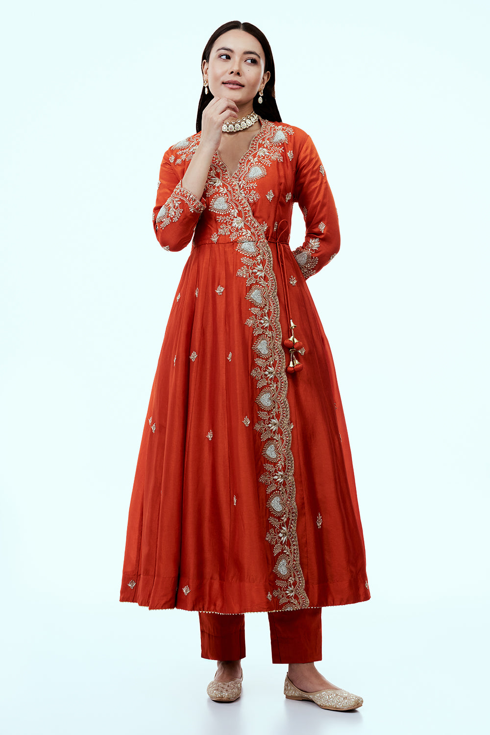 Rust Art Silk Angrakha Suit Set with Zardosi Work