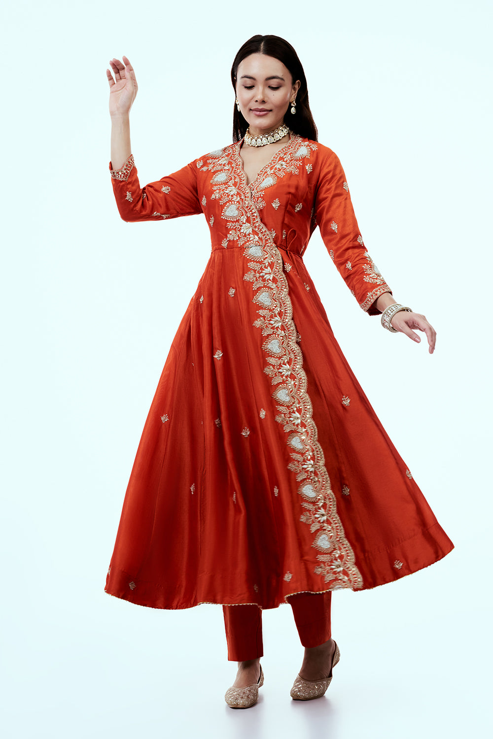 Rust Art Silk Angrakha Suit Set with Zardosi Work