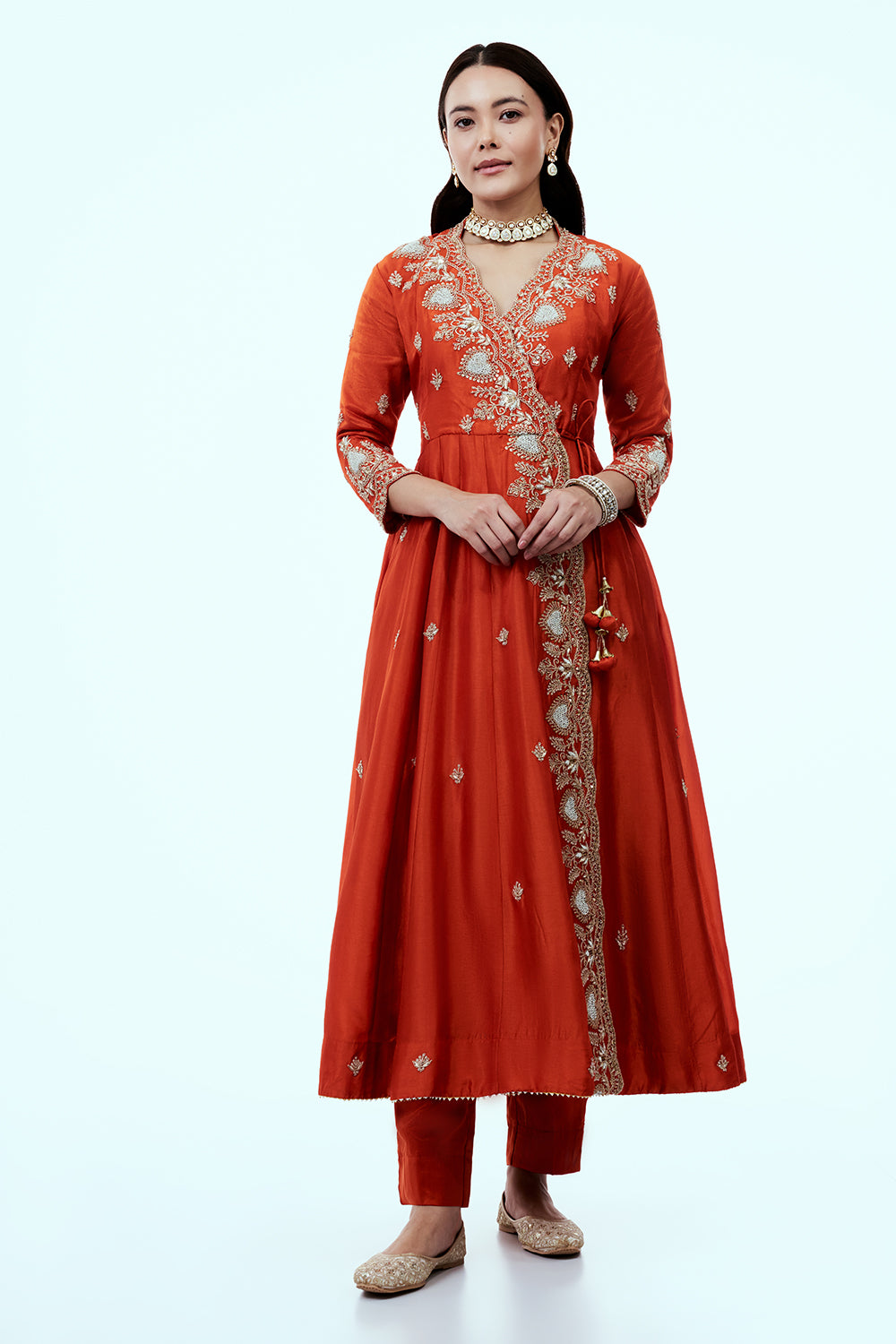 Rust Art Silk Angrakha Suit Set with Zardosi Work