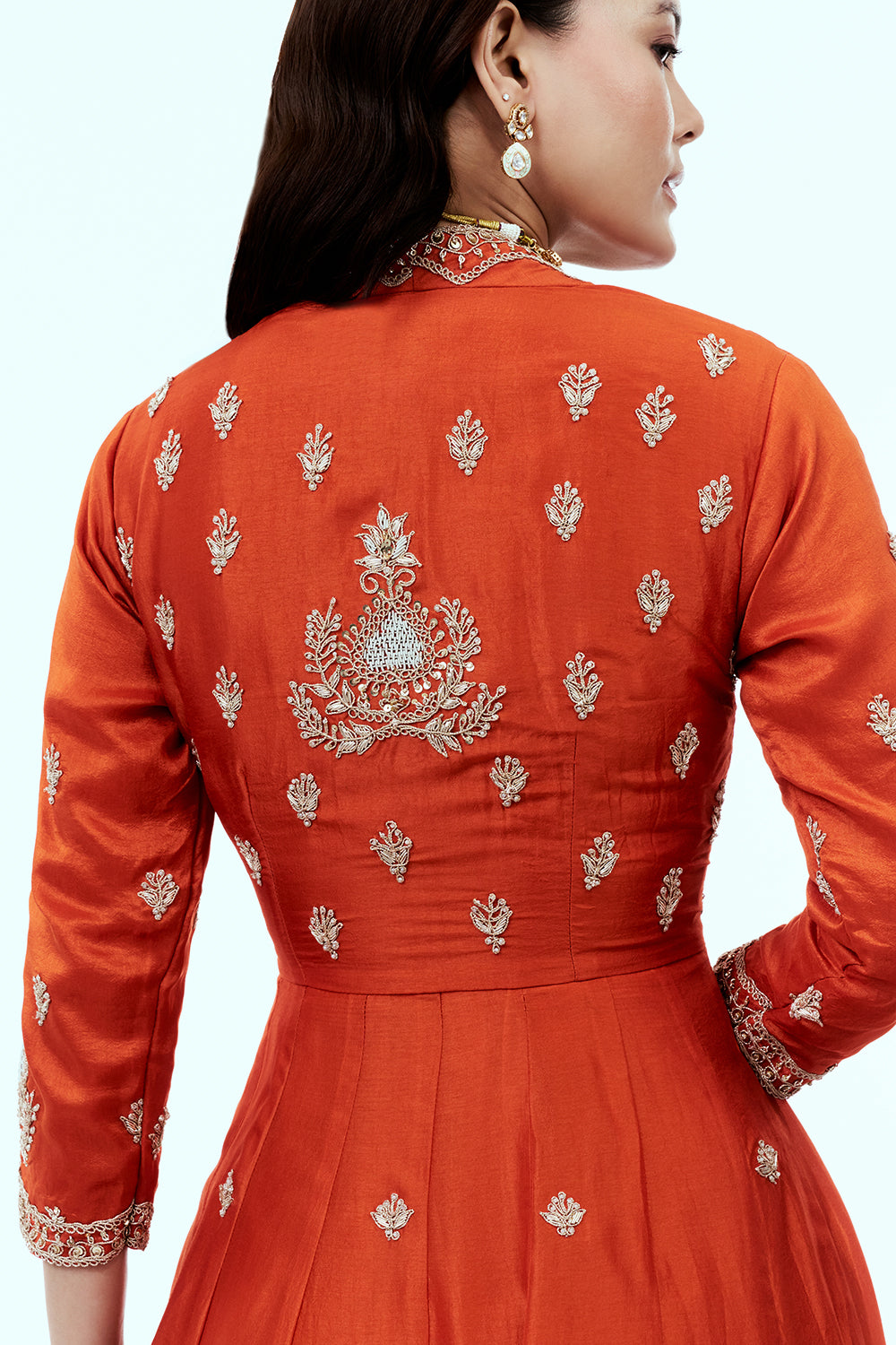 Rust Art Silk Angrakha Suit Set with Zardosi Work