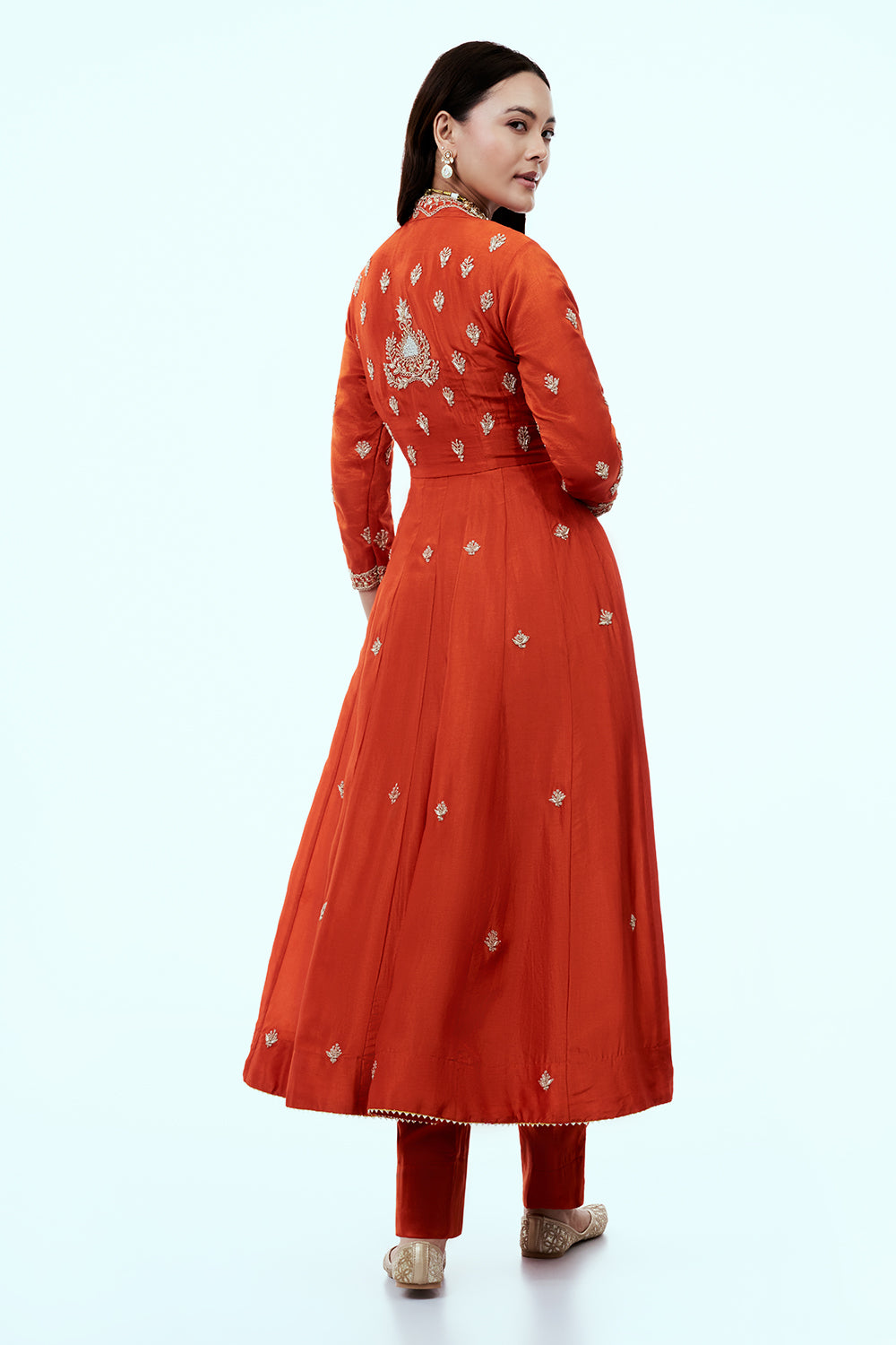 Rust Art Silk Angrakha Suit Set with Zardosi Work