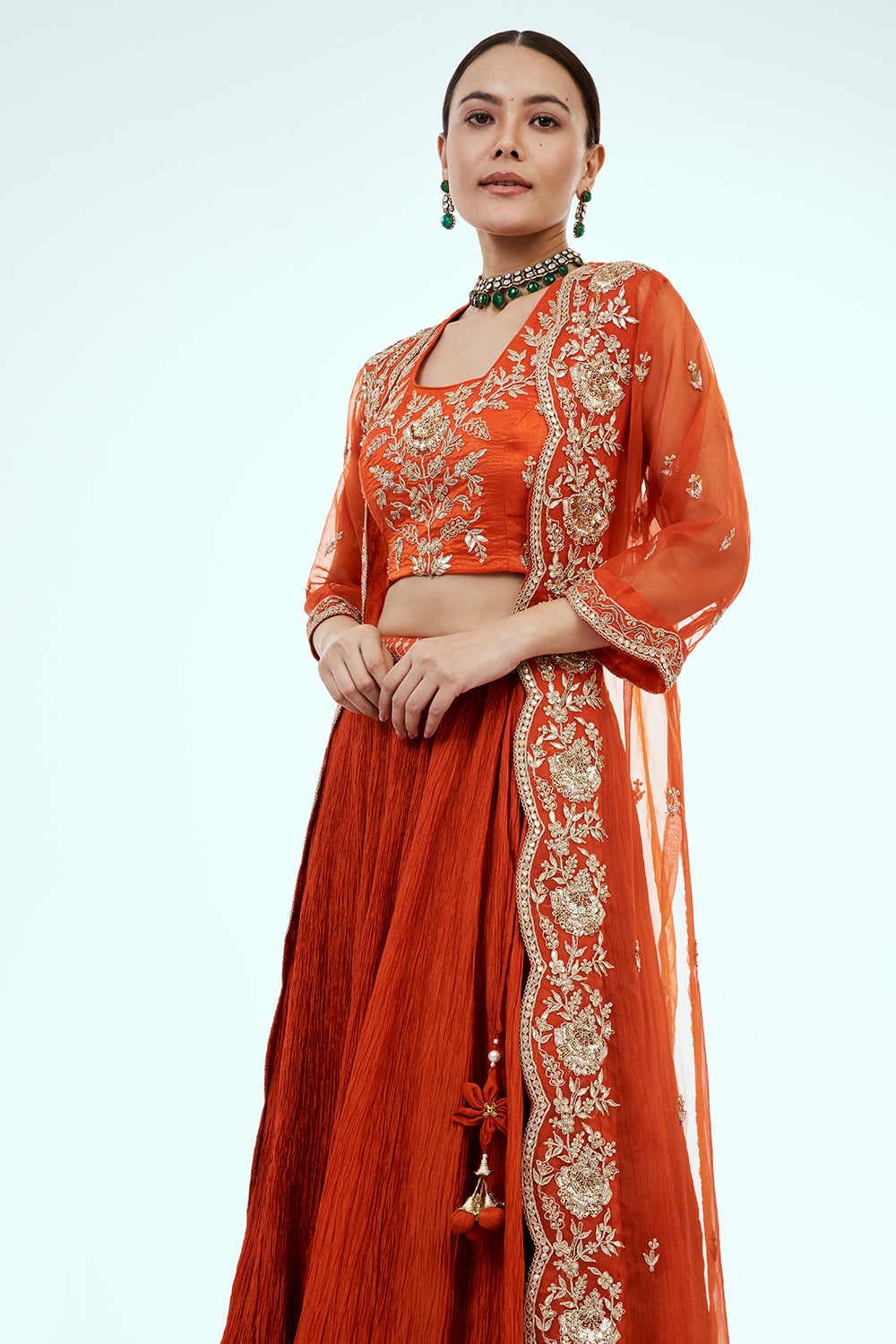 Rust Art Silk Layered Suit Set with Zardosi Work