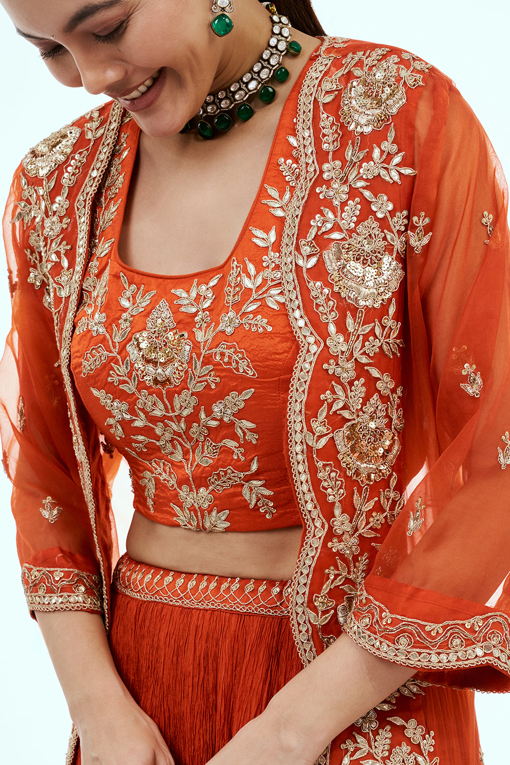 Rust Art Silk Layered Suit Set with Zardosi Work