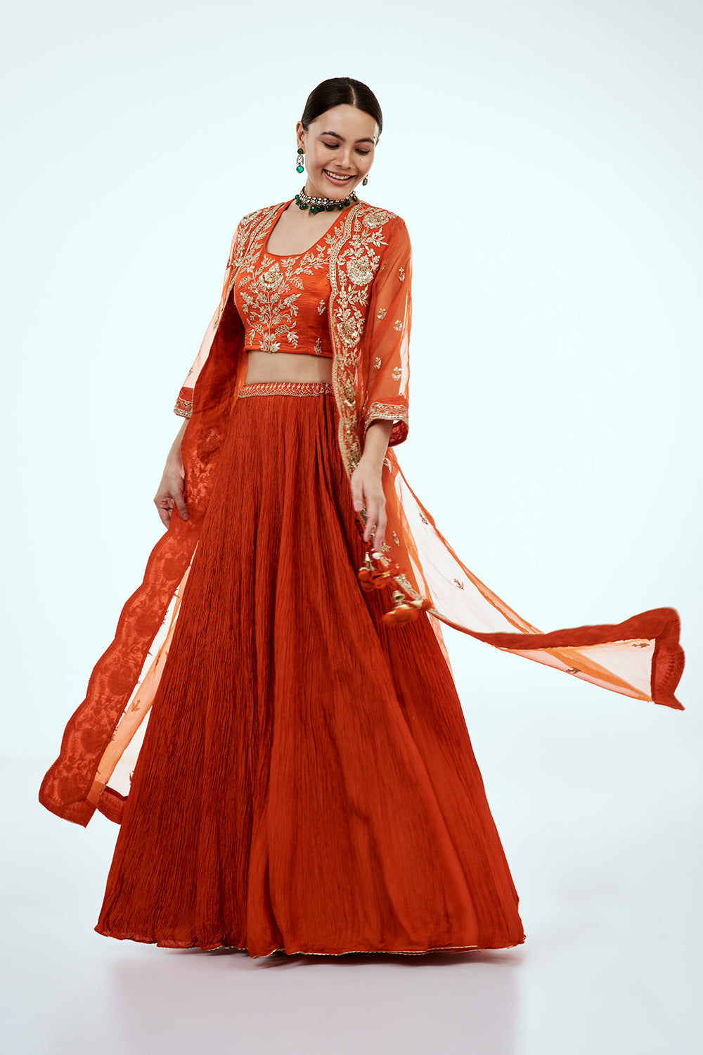 Rust Art Silk Layered Suit Set with Zardosi Work