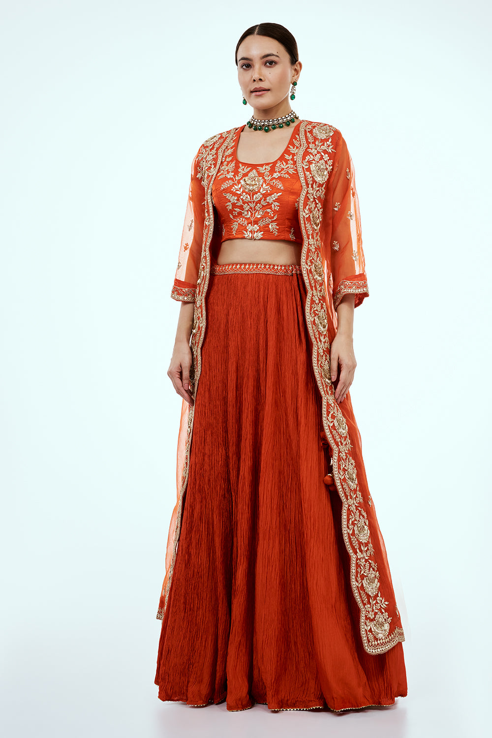 Rust Art Silk Layered Suit Set with Zardosi Work