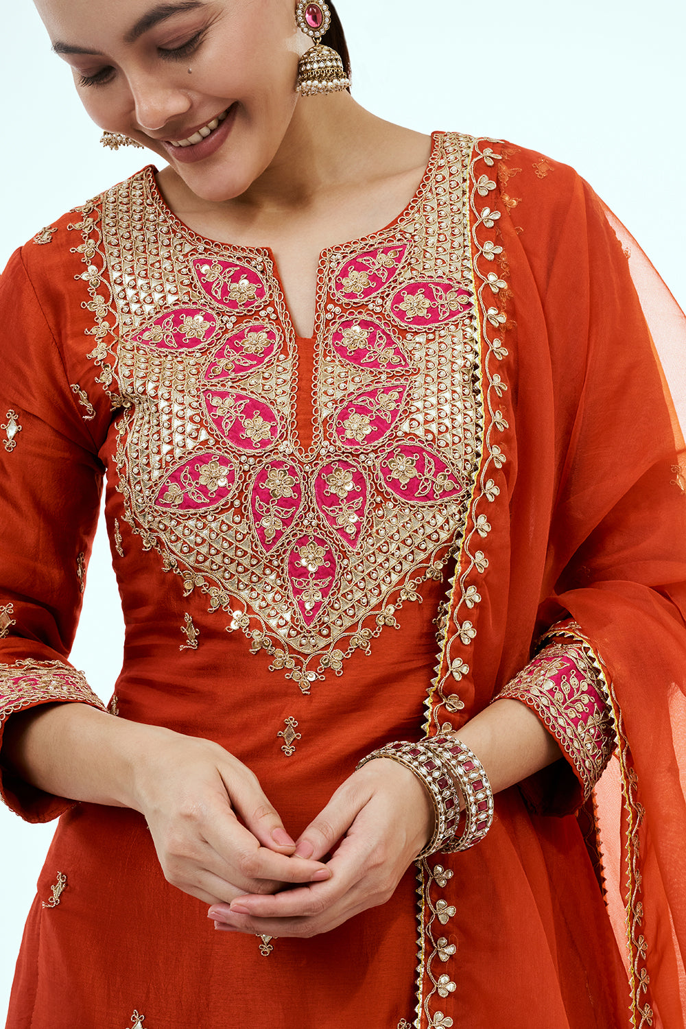 Rust Art Silk Palazzo Suit with Gota Work