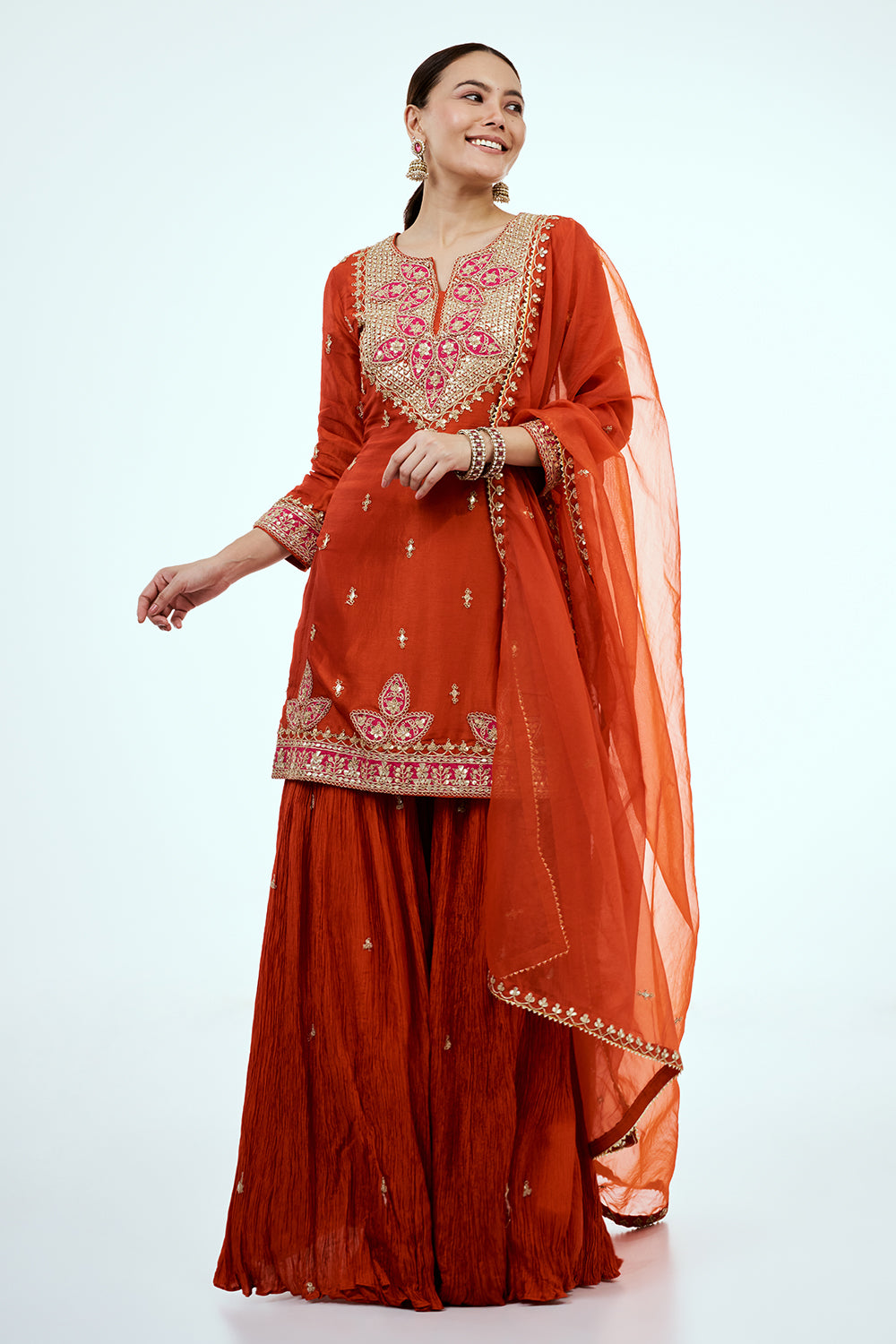 Rust Art Silk Palazzo Suit with Gota Work