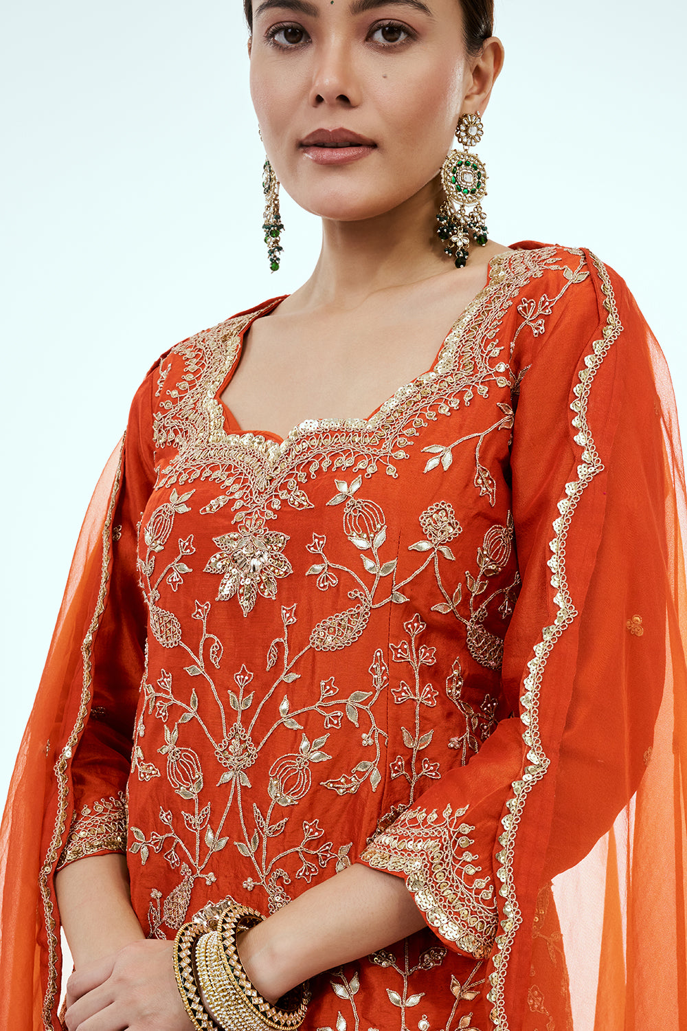 Rust Art Silk Suit Set with Zardosi Work