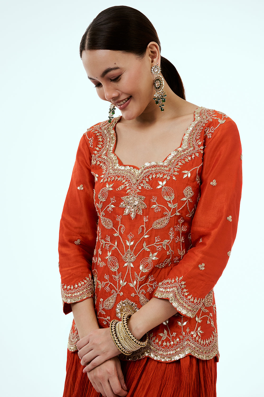 Rust Art Silk Suit Set with Zardosi Work