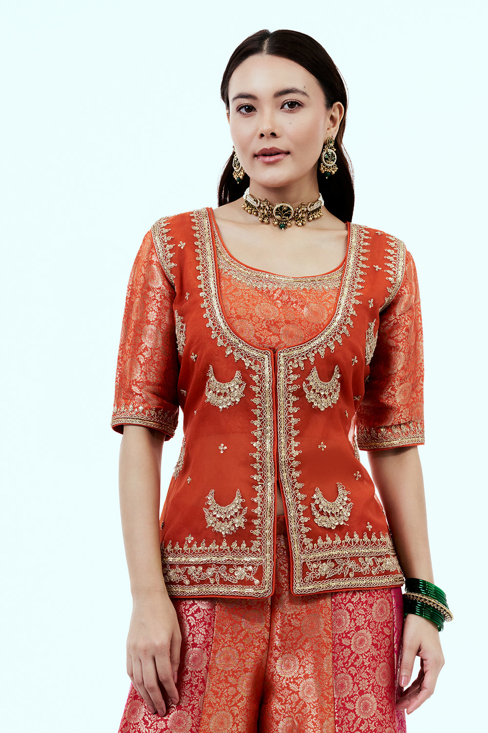 Rust Brocade Silk Suit Set with Zardosi Work