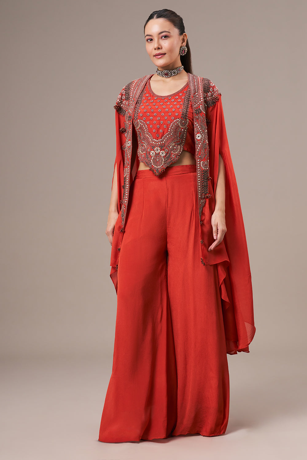 Rust Chinon Palazzo Suit with Sequin and Zari Work