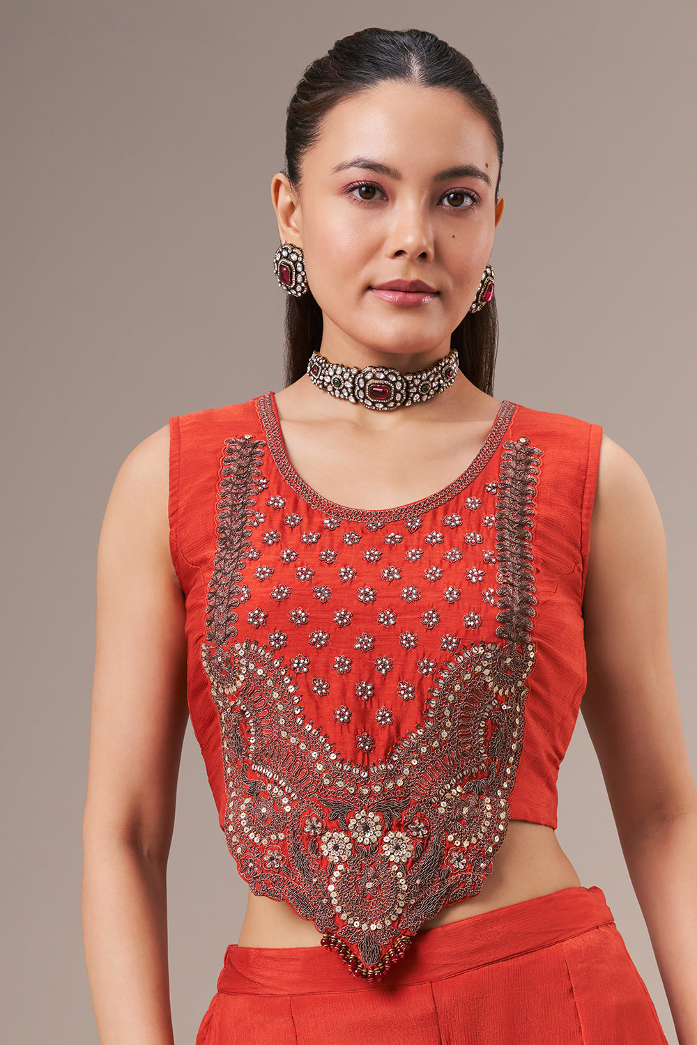 Rust Chinon Palazzo Suit with Sequin and Zari Work