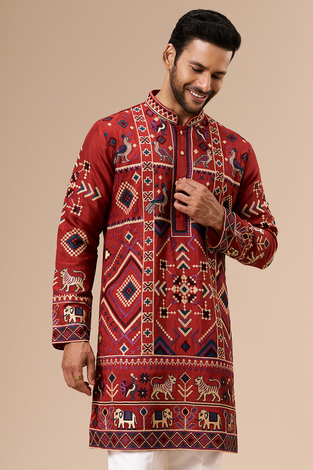 Rust Cotton Silk Mens Kurta Set with Multicolour Thread Work