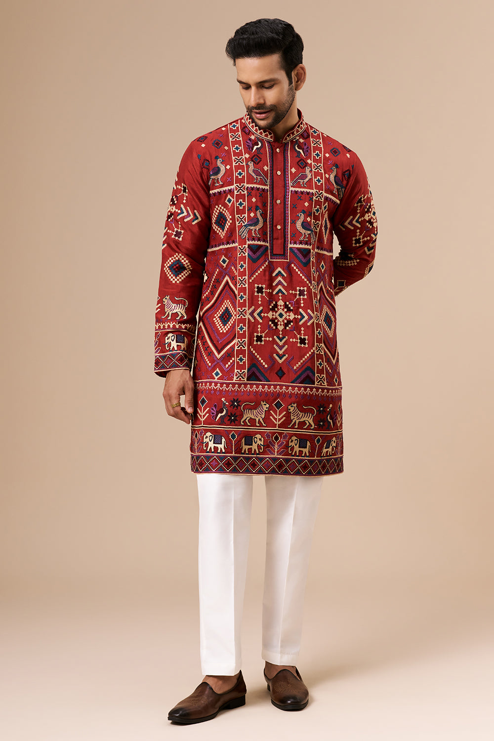 Rust Cotton Silk Mens Kurta Set with Multicolour Thread Work