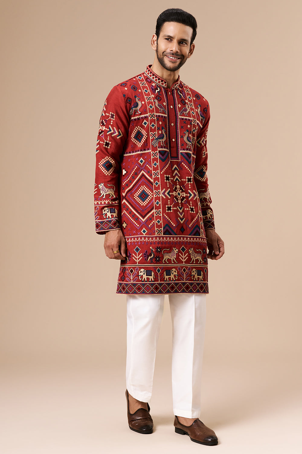 Rust Cotton Silk Mens Kurta Set with Multicolour Thread Work