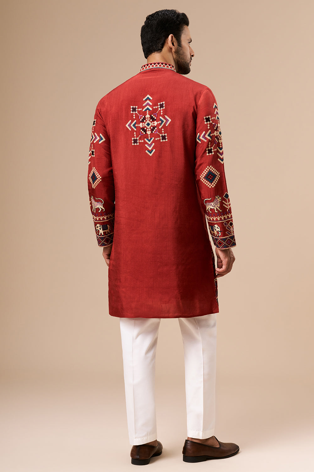 Rust Cotton Silk Mens Kurta Set with Multicolour Thread Work