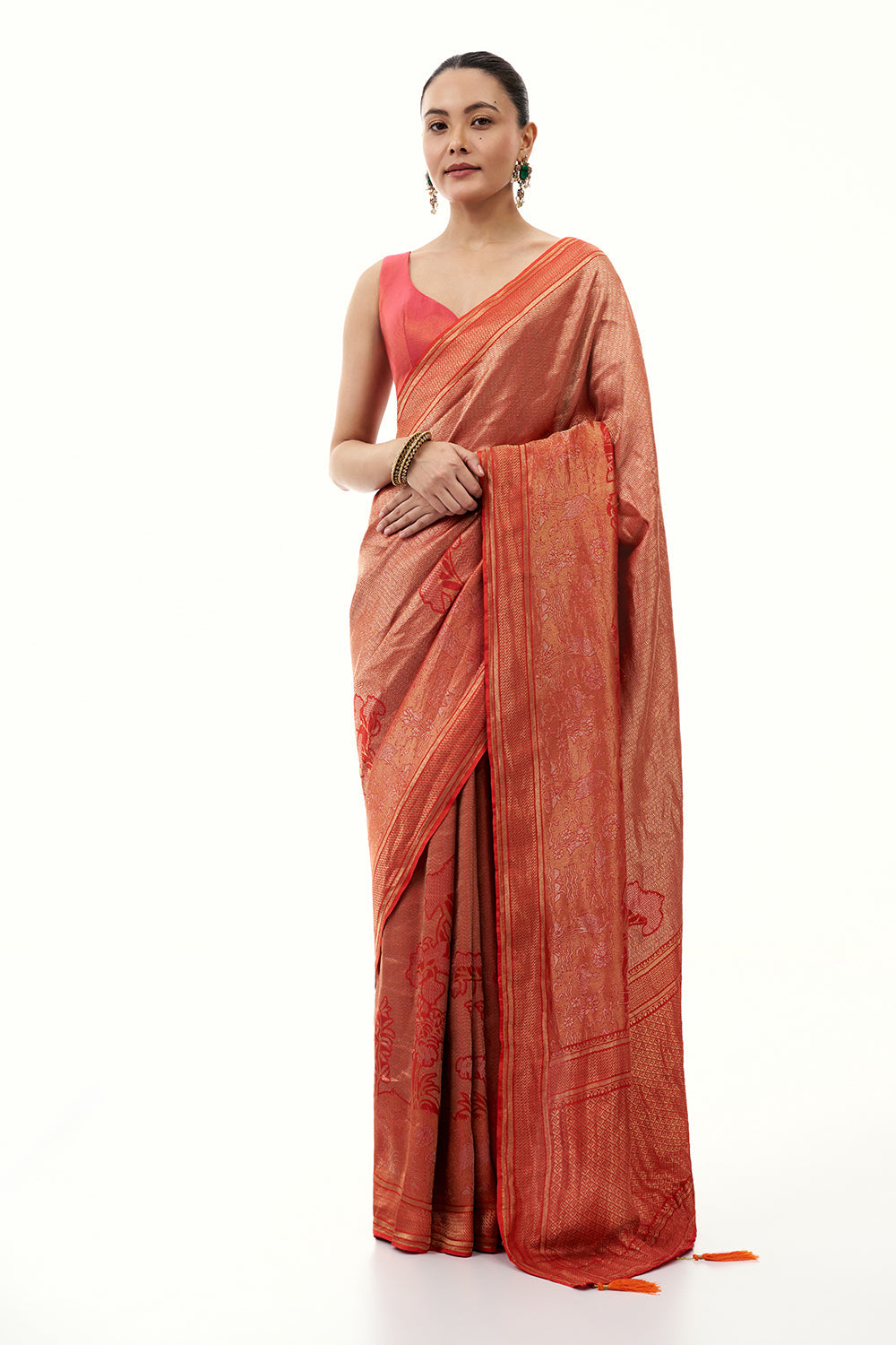 Rust Jacquard Silk Woven Saree with Nature Inspired Motifs