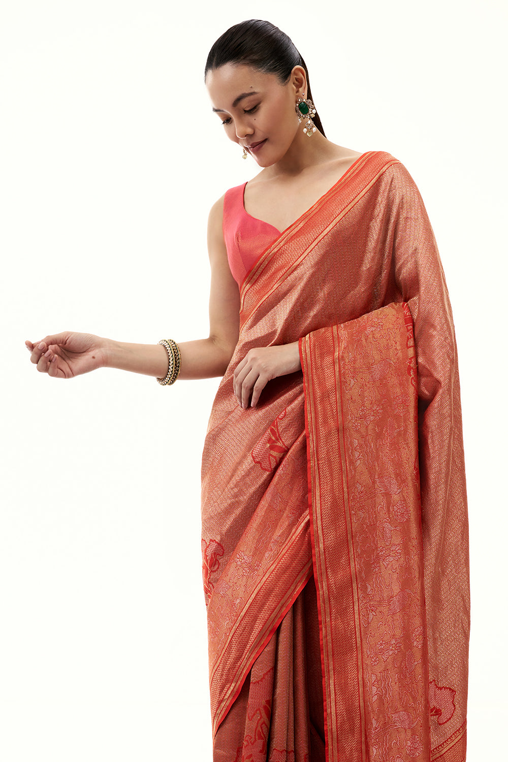 Rust Jacquard Silk Woven Saree with Nature Inspired Motifs