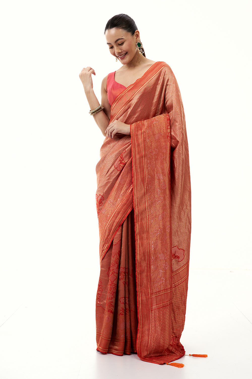 Rust Jacquard Silk Woven Saree with Nature Inspired Motifs