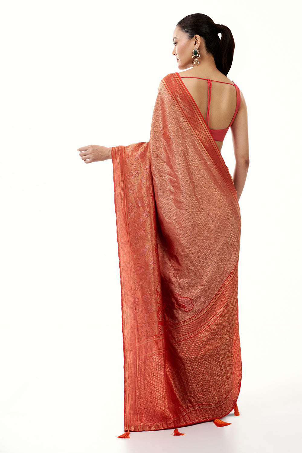 Rust Jacquard Silk Woven Saree with Nature Inspired Motifs