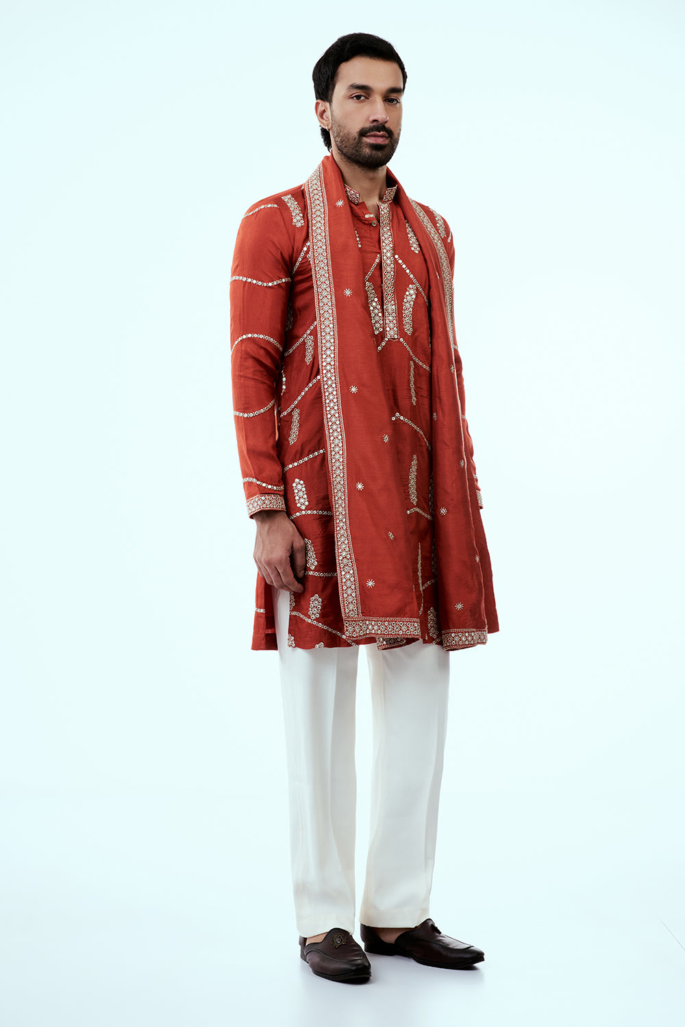 Rust Nokia Silk Mens Kurta Set with Mirror Work and Embroidered Dupatta