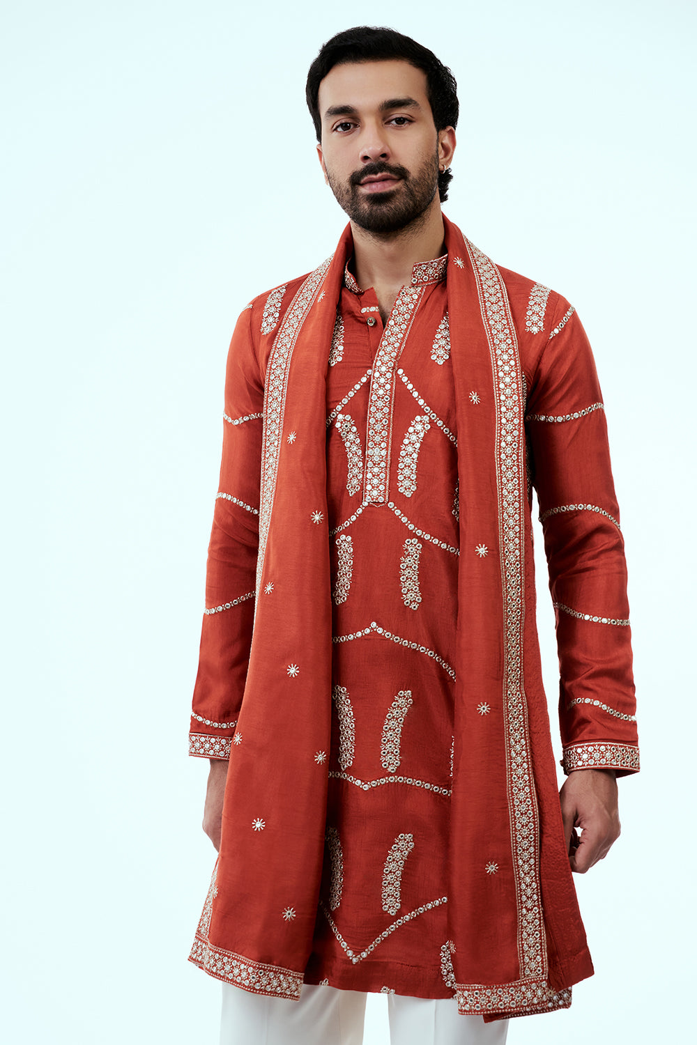 Rust Nokia Silk Mens Kurta Set with Mirror Work and Embroidered Dupatta