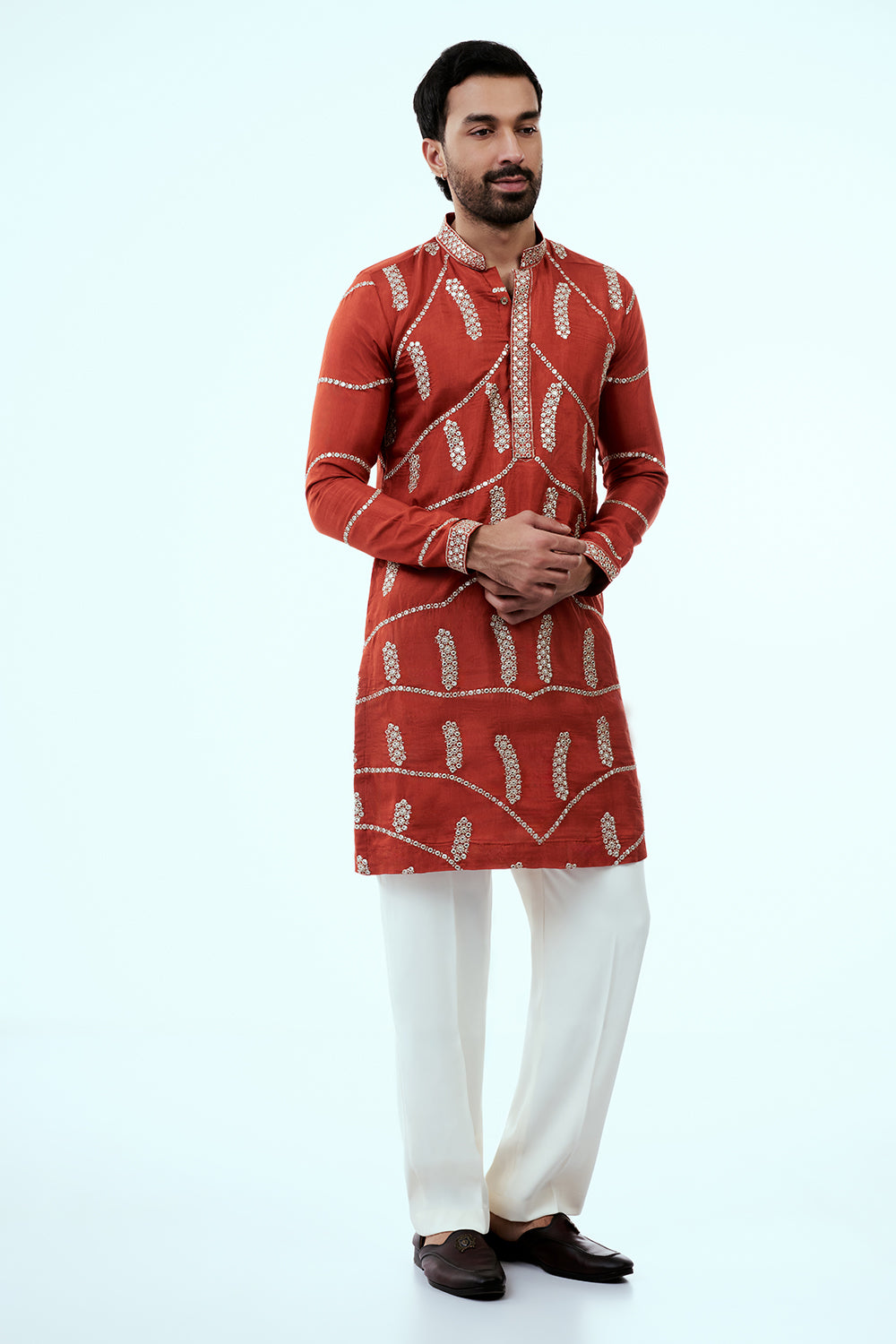 Rust Nokia Silk Mens Kurta Set with Mirror Work and Embroidered Dupatta