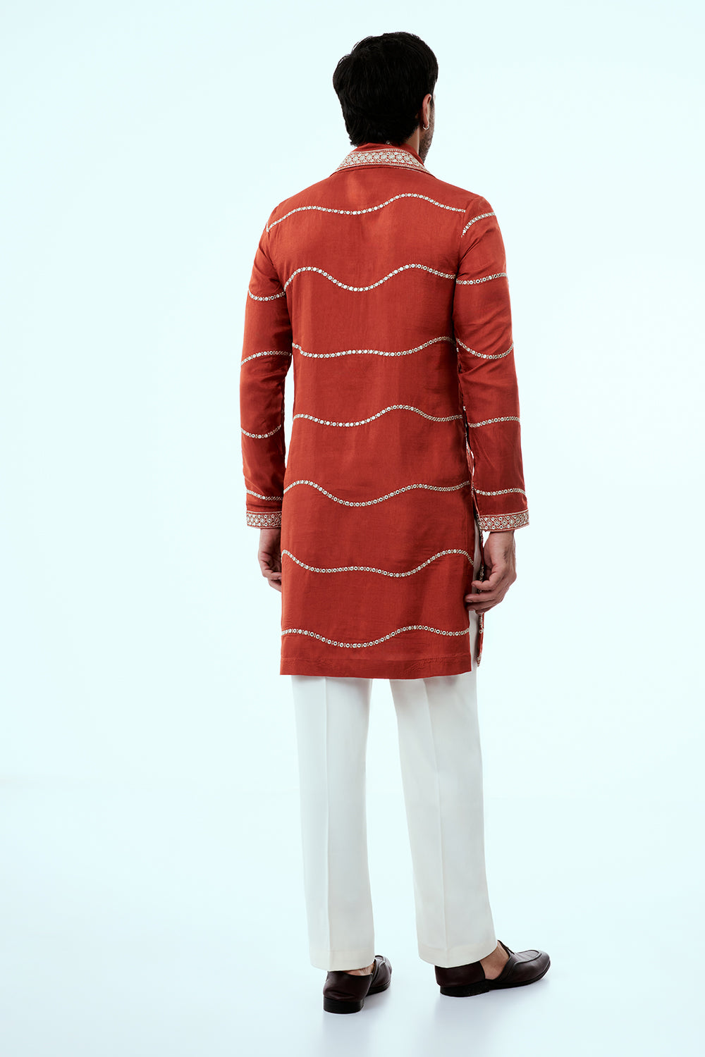 Rust Nokia Silk Mens Kurta Set with Mirror Work and Embroidered Dupatta