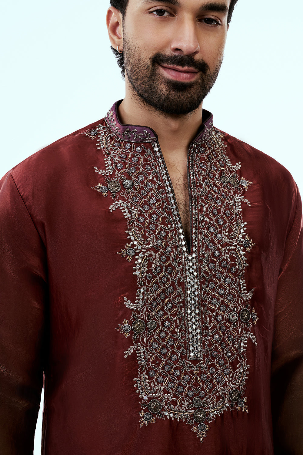 Rust Ombre Tissue Organza Mens Kurta Set with Metal and Zari Work
