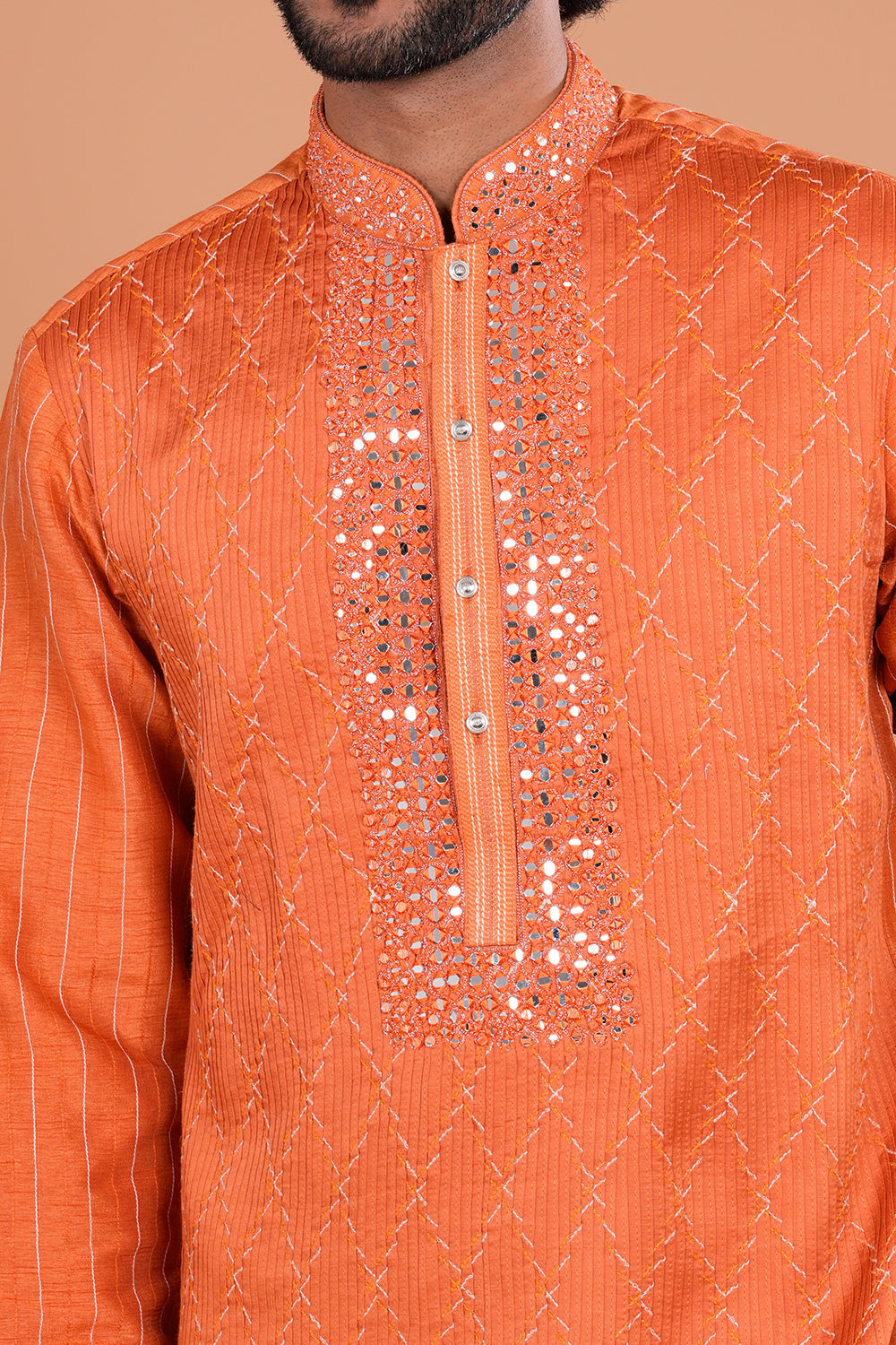Rust Orange Mirror Work Embroidered Men's Kurta Set