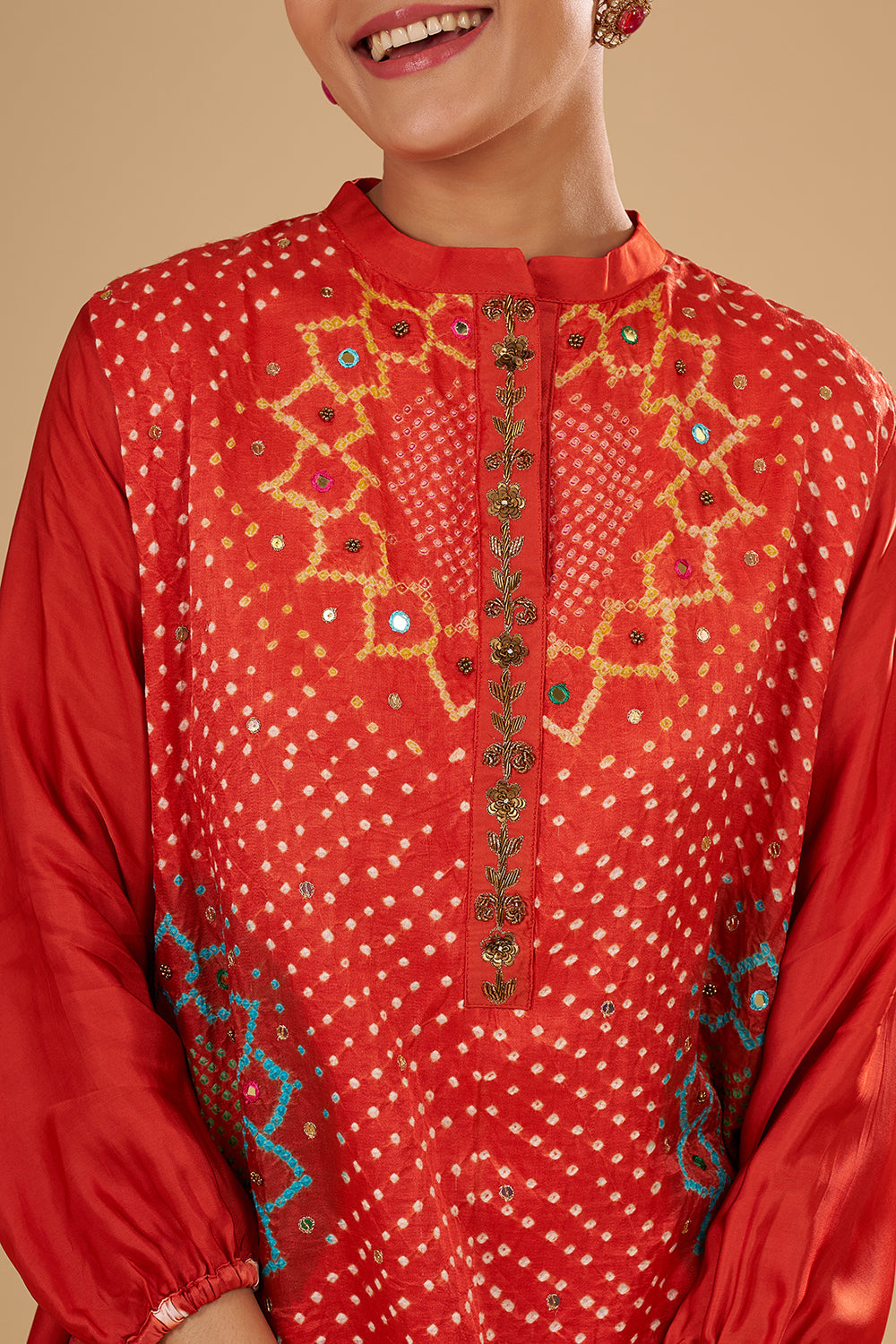 Rust Orange Modal Satin Bandhani Tunic Set with Mirror and Sequin Highlights