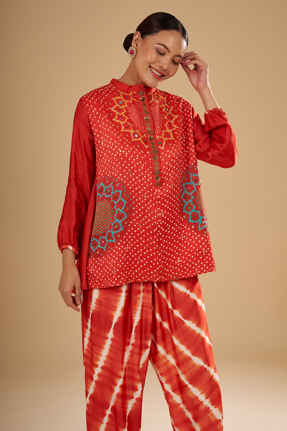 Rust Orange Modal Satin Bandhani Tunic Set with Mirror and Sequin Highlights