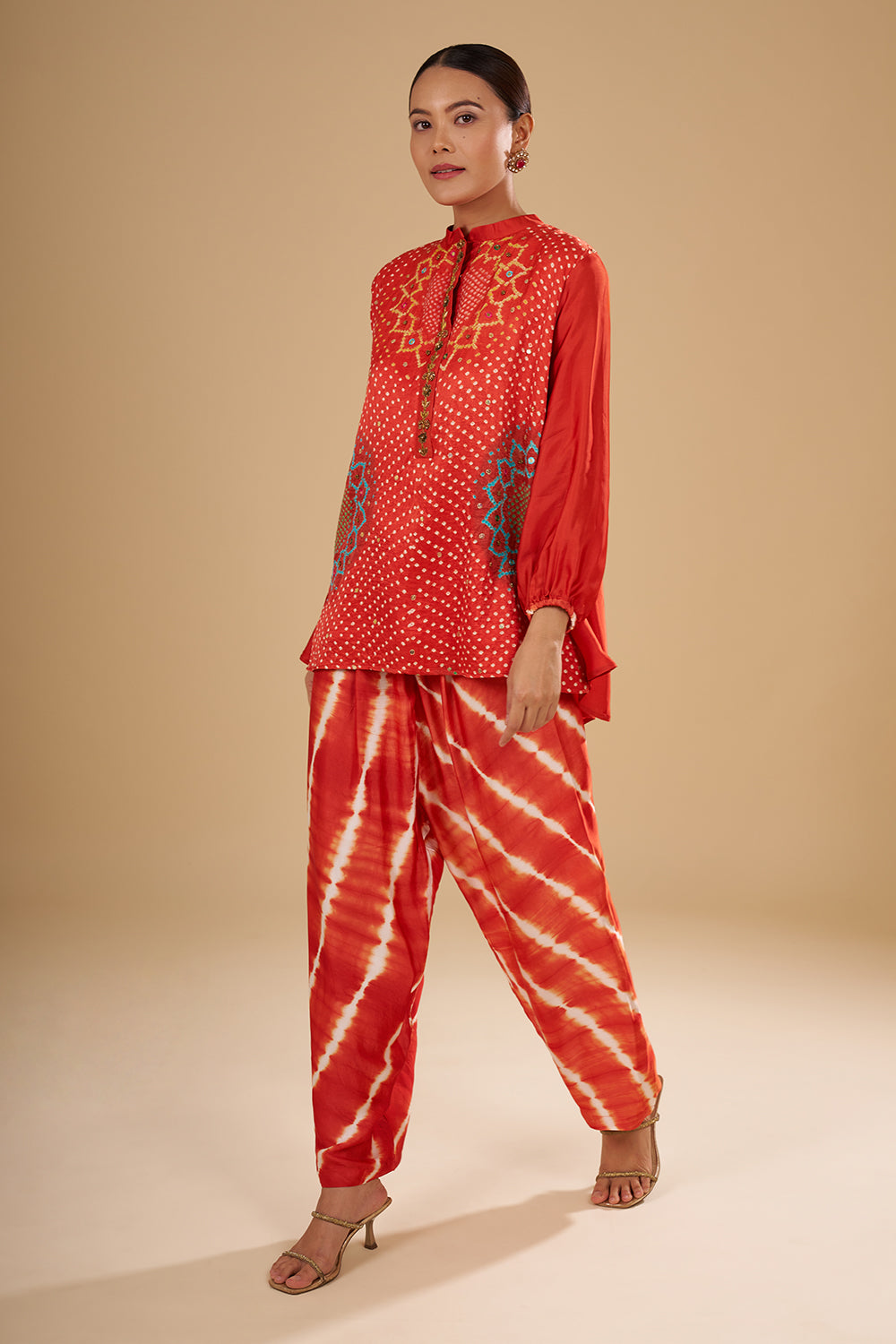Rust Orange Modal Satin Bandhani Tunic Set with Mirror and Sequin Highlights