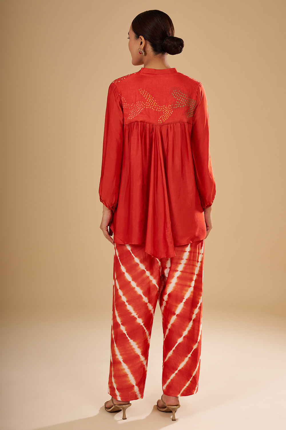 Rust Orange Modal Satin Bandhani Tunic Set with Mirror and Sequin Highlights