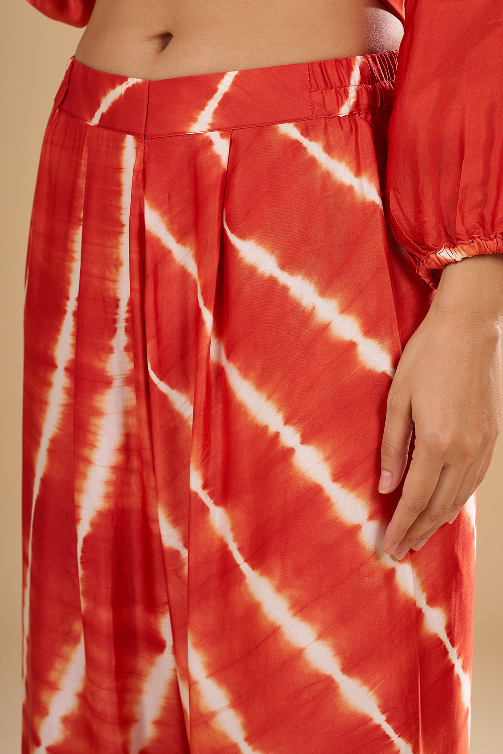Rust Orange Modal Satin Bandhani Tunic Set with Mirror and Sequin Highlights