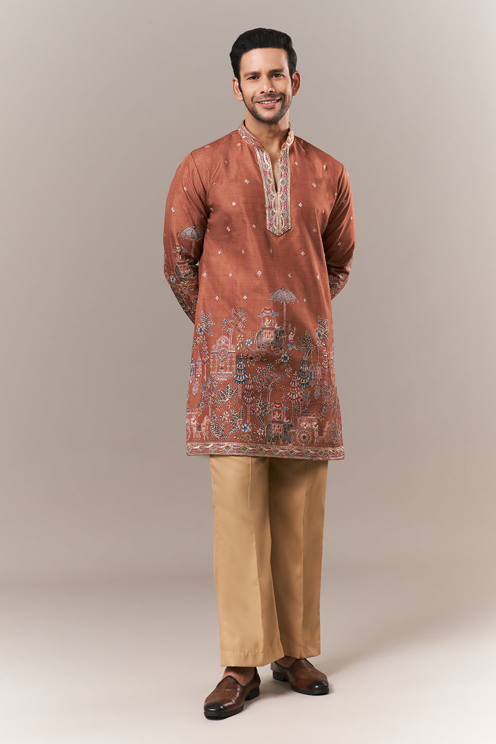 Rust Orange Raw Silk Mens Kurta Set with Resham and Sequin Work