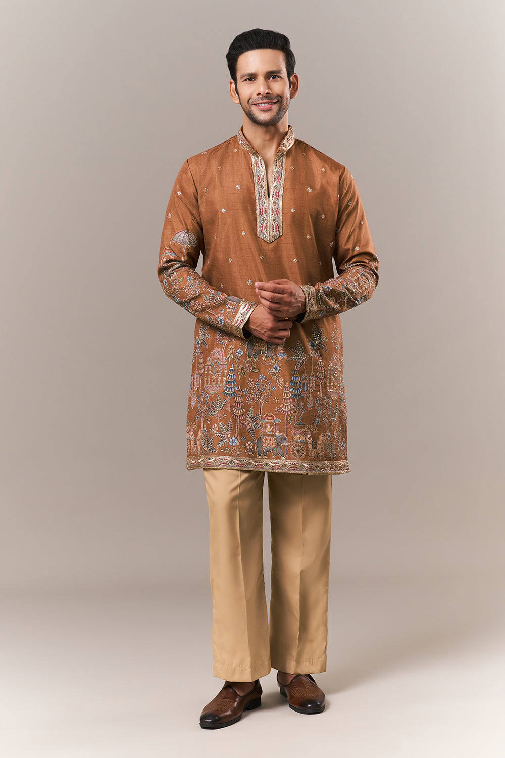 Rust Orange Raw Silk Mens Kurta Set with Resham and Sequin Work