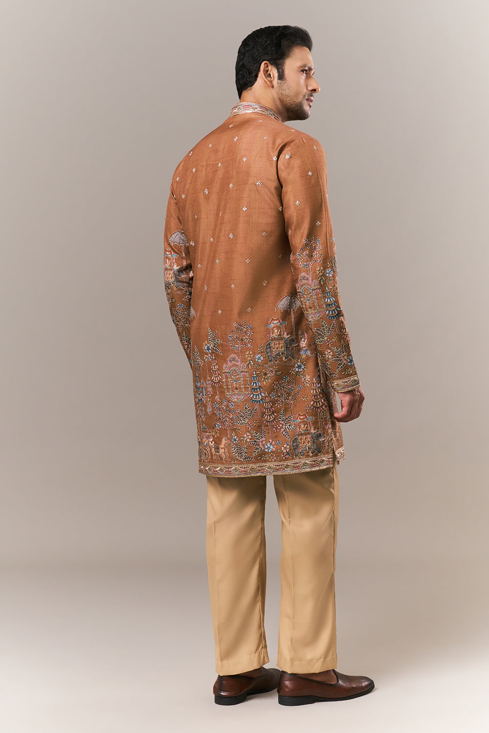Rust Orange Raw Silk Mens Kurta Set with Resham and Sequin Work