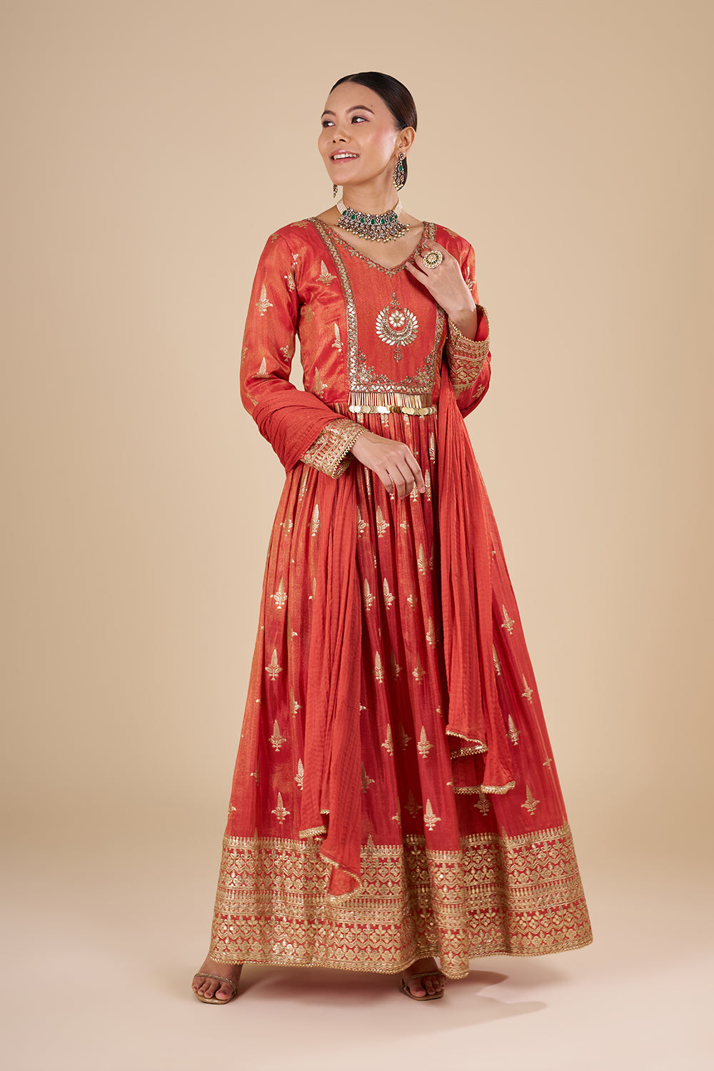 Rust Orange Brocade Anarkali Set