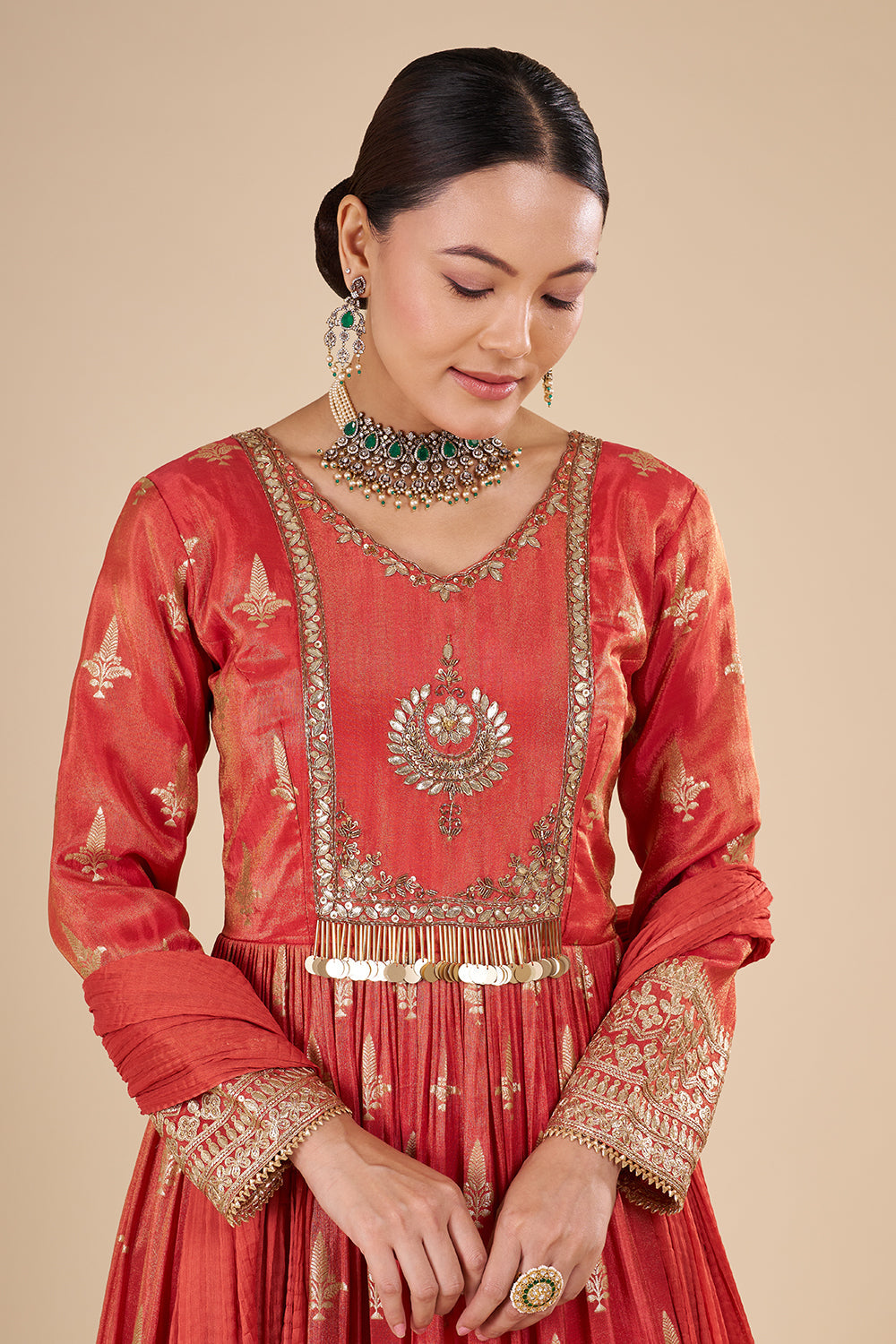 Rust Orange Brocade Anarkali Set